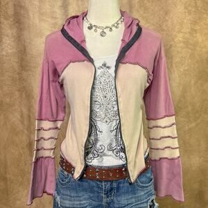 Vintage Y2K Zip Up Jacket Cropped Hooded Pink Cream Bell Sleeve Medieval Costume